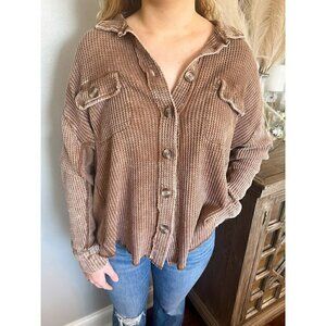 Meet You There Cotton Waffle Acid Wash Oversized Shacket in Dark Camel